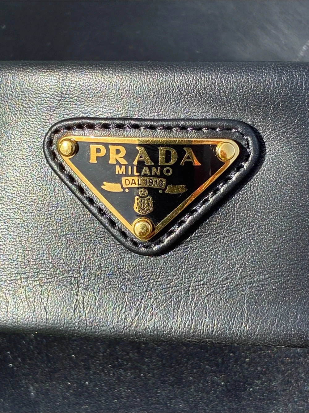 PRADA SLIDE SANDAL MULE BLACK LEATHER WITH METAL TRIANGLE LOGO SZ 39 NEW